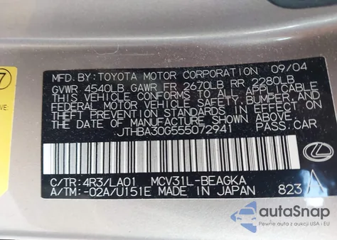 2005 Lexus Es 330 from USA, damaged, VIN JTHBA30G555072941